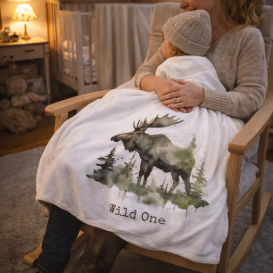 Rustic Watercolor Moose   Little One Personalized  Fleece Blanket