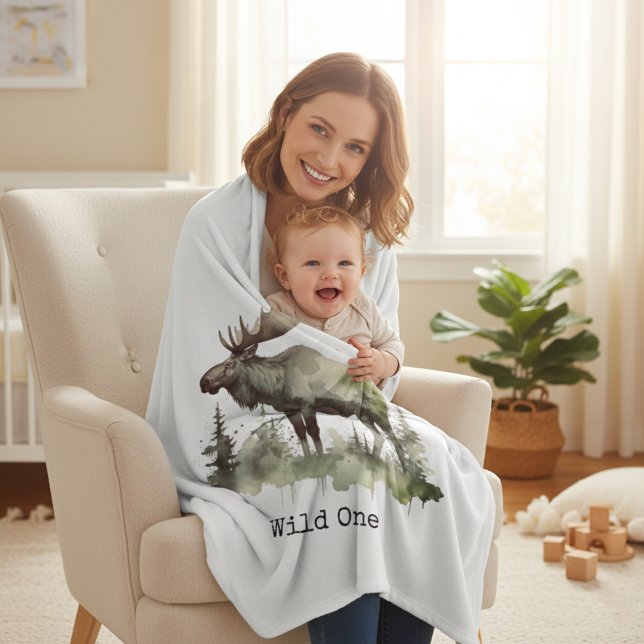 Rustic Watercolor Moose | Little One Personalized  Fleece Blanket (Creator Uploaded)
