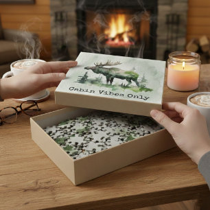 Rustic Watercolor Moose Personalized Family Forest Jigsaw Puzzle