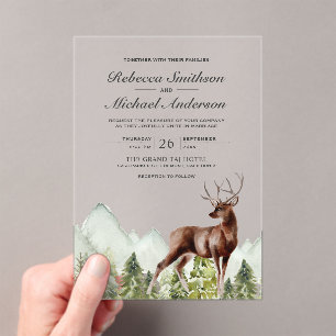 Rustic Watercolor Mountain Forest Deer Wedding Acrylic Invitations