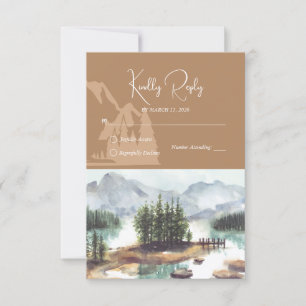 Rustic Watercolor Mountain Forest Lake Wedding RSVP Card