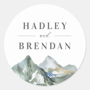 Rustic Watercolor Mountain Forest Wedding Classic Round Sticker
