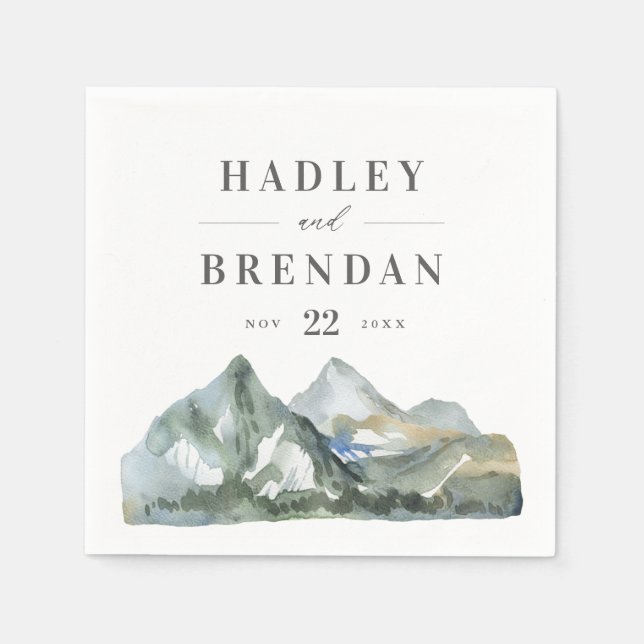 Rustic Watercolor Mountain Forest Wedding Napkins (Front)