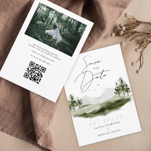 Rustic Watercolor Mountain Forest Wedding Photo Save The Date
