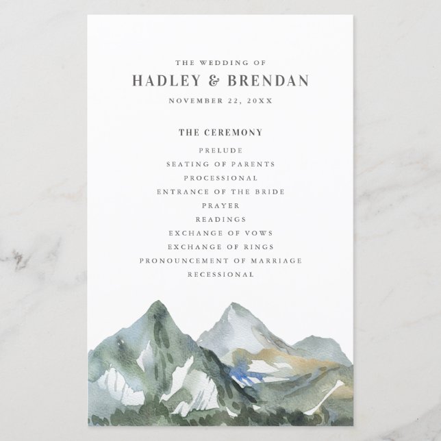 Rustic Watercolor Mountain Forest Wedding Program (Front)