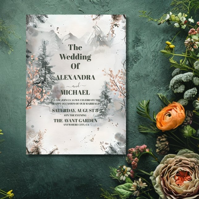 Rustic Watercolor Mountain Forest Winter Wedding Invitation (Creator Uploaded)