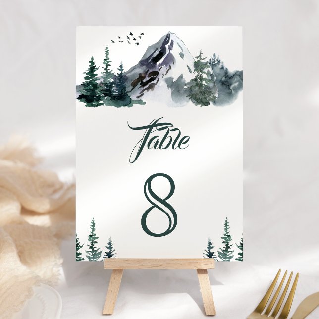 Rustic Watercolor Mountain Forest Winter Wedding Table Number (Creator Uploaded)