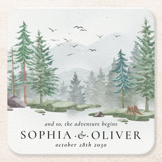 Rustic Watercolor Mountain Green Pine Tree Wedding Square Paper Coaster (Front)