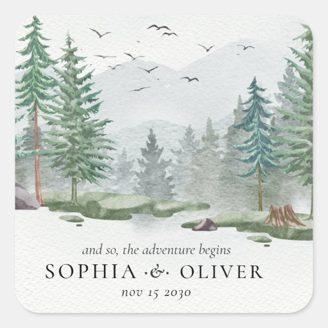 Rustic Watercolor Mountain Green Pine Tree Wedding Square Sticker (Front)