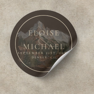Rustic Watercolor Mountain Landscape Wedding Classic Round Sticker