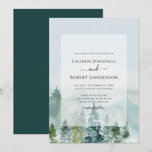 Rustic Watercolor Mountain Pine Tree Wedding Invitation