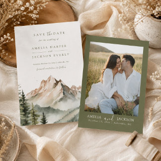 Rustic Watercolor Mountain Wedding Save The Date Invitation