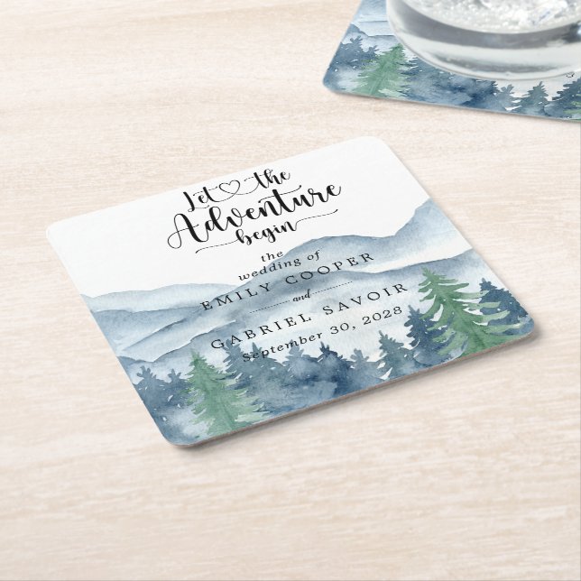 Rustic Watercolor Mountain Wedding Square Paper Coaster (Angled)