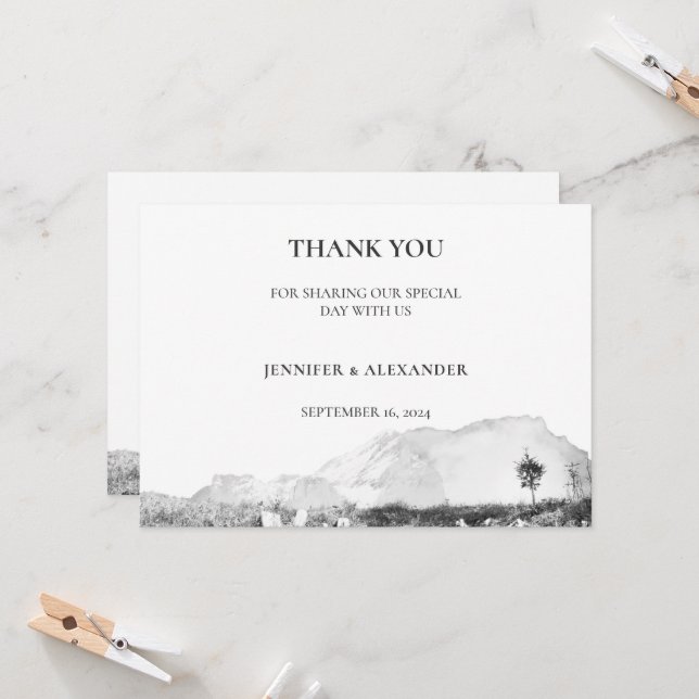 Rustic watercolor mountain wedding Thank you card (Front/Back In Situ)