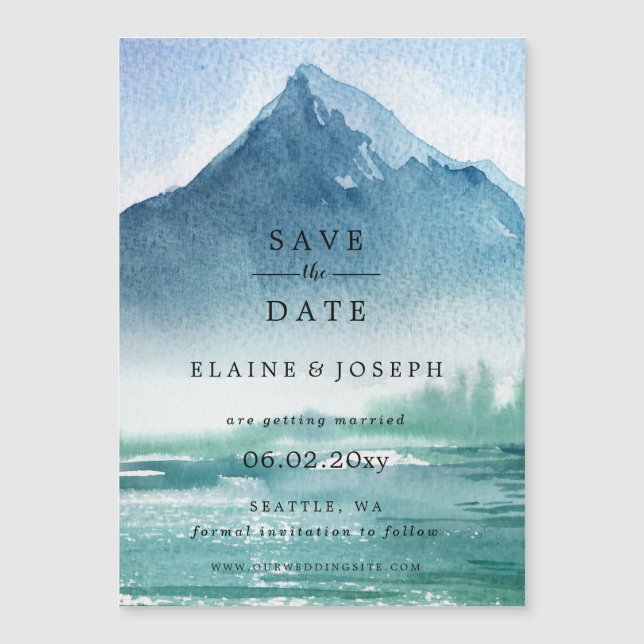 Rustic Watercolor Mountains Lake Save The Date (Front)