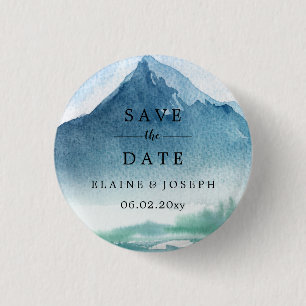 Rustic Watercolor Mountains Lake Save The Date 1 Inch Round Button