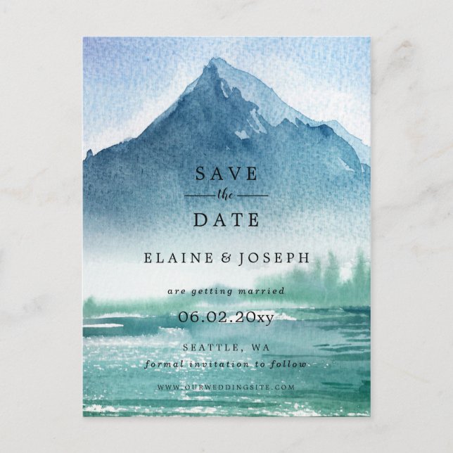 Rustic Watercolor Mountains Lake Save The Date Announcement Postcard (Front)