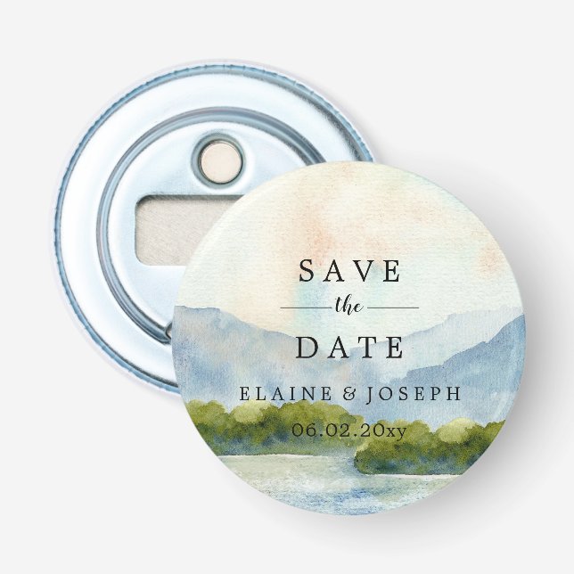 Rustic Watercolor Mountains Lake Save The Date  Bottle Opener (Front)