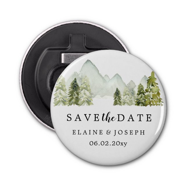 Rustic Watercolor Mountains Lake Save The Date     Bottle Opener (Front)