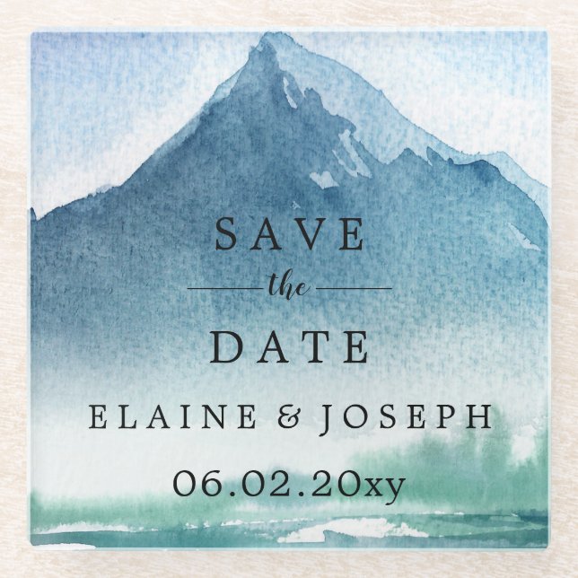 Rustic Watercolor Mountains Lake Save The Date Glass Coaster (Front)