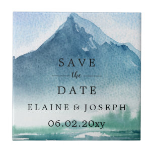Rustic Watercolor Mountains Lake Save The Date Tile
