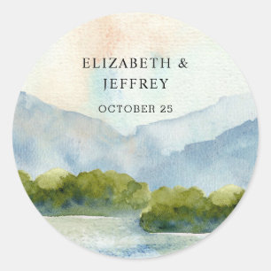 Rustic Watercolor Mountains Lake Winter Wedding  Classic Round Sticker