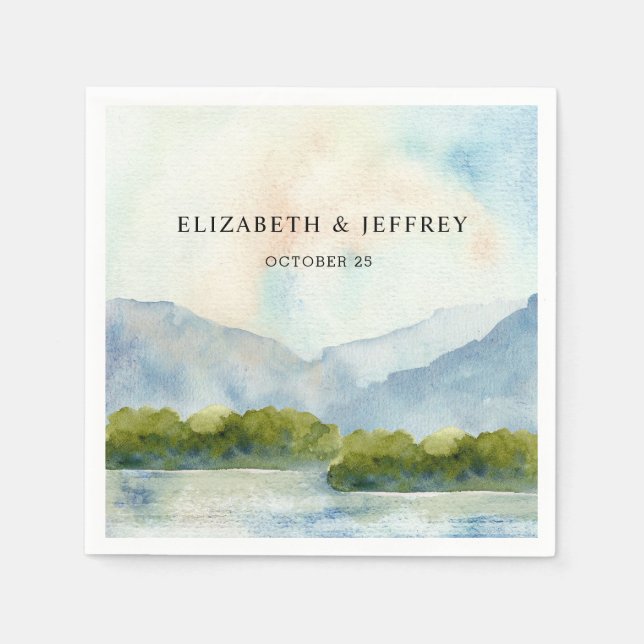Rustic Watercolor Mountains Lake Winter Wedding  Napkin (Front)