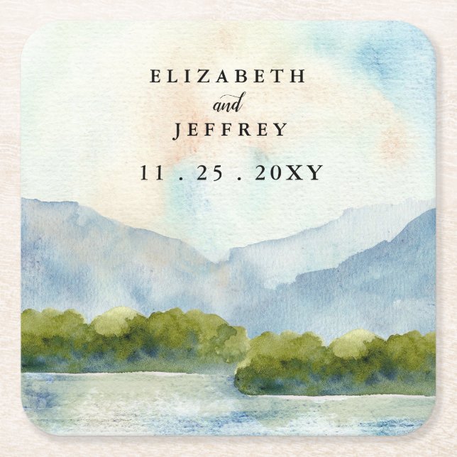 Rustic Watercolor Mountains Lake Winter Wedding   Square Paper Coaster (Front)