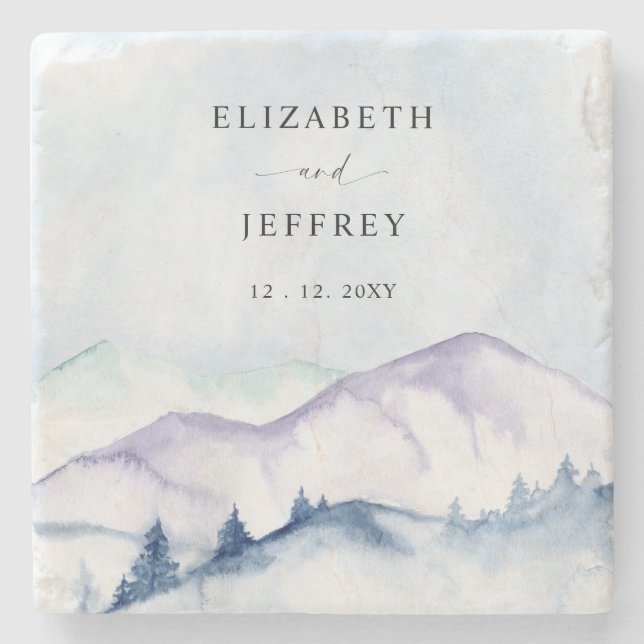 Rustic Watercolor Mountains Outdoor Pine Wedding   Stone Coaster (Front)