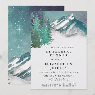 Rustic Watercolor Mountains Pine Rehearsal Dinner Invitation