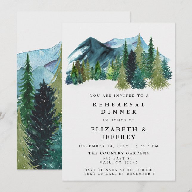 Rustic Watercolor Mountains Pine Rehearsal Dinner  Invitation (Front/Back)