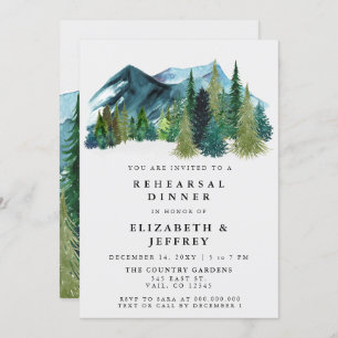 Rustic Watercolor Mountains Pine Rehearsal Dinner Invitation