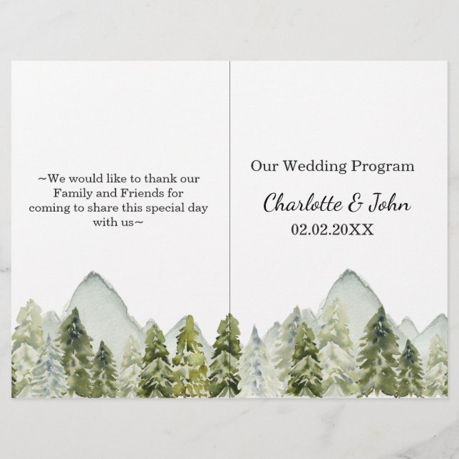 Rustic Watercolor Mountains Pine Wedding program (Front)