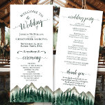 Rustic Watercolor Mountains & Pine Wedding Program<br><div class="desc">This wedding program is rustic and outdoorsy while still being stylish and beautiful. It features a watercolor landscape of rugged mountain peaks with pine trees in the foreground. The titles are written in fancy forest green coloured script calligraphy, and there is space for your ceremony and wedding party details, as...</div>