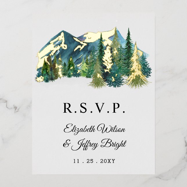 Rustic Watercolor Mountains Pine Winter RSVP    Foil Invitation Postcard (Front)