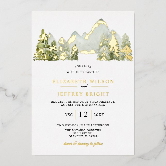 Rustic Watercolor Mountains Pine Winter Wedding (Front)