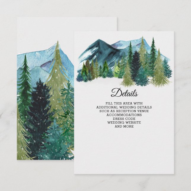 Rustic Watercolor Mountains Pine Winter Wedding   Enclosure Card (Front/Back)