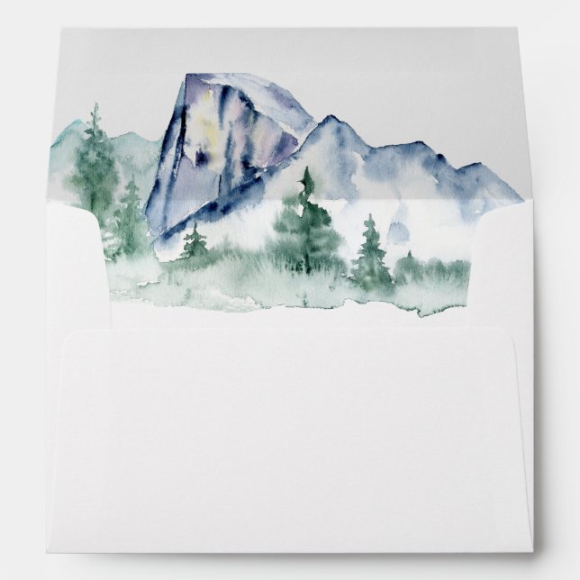 Rustic Watercolor Mountains Pine Winter Wedding Envelope (Back (Bottom))