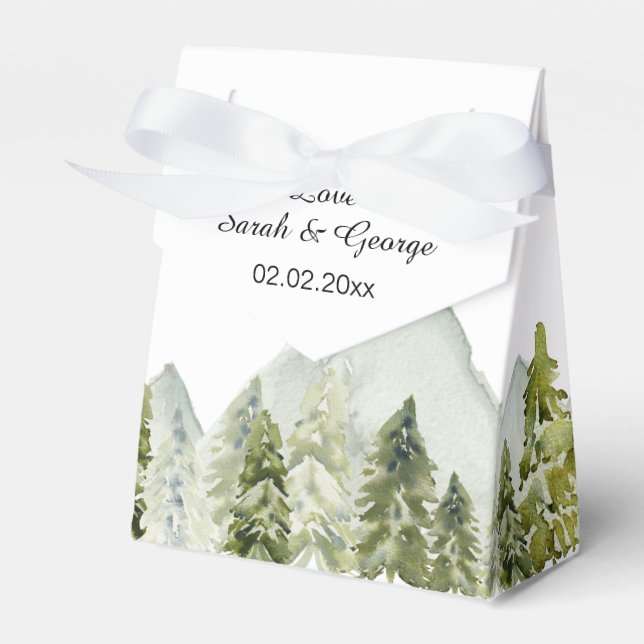 Rustic Watercolor Mountains Pine Winter Wedding Favor Box (Front Side)