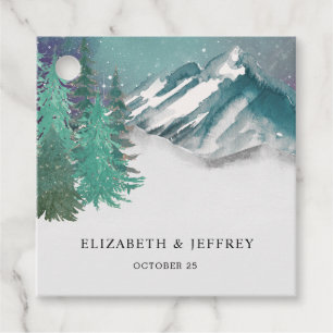 Rustic Watercolor Mountains Pine Winter Wedding Favour Tags
