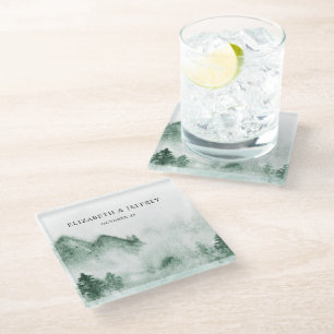 Rustic Watercolor Mountains Pine Winter Wedding Glass Coaster