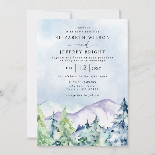 Rustic Watercolor Mountains Pine Winter Wedding   Invitation (Front)