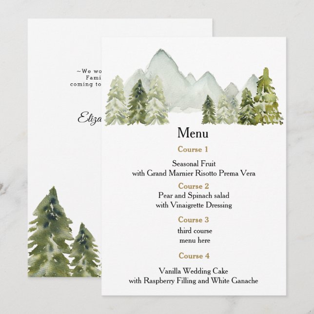 Rustic Watercolor Mountains Pine Winter Wedding Menu (Front/Back)