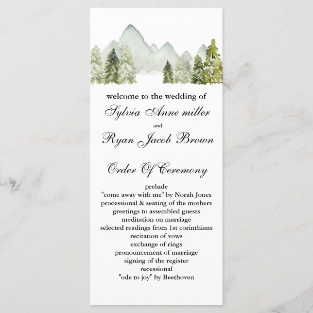 Rustic Watercolor Mountains Pine Winter Wedding Program (Front)