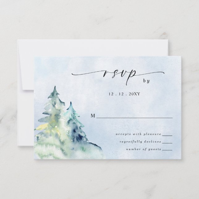 Rustic Watercolor Mountains Pine Winter Wedding   RSVP Card (Front)