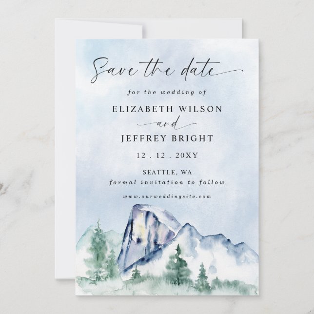 Rustic Watercolor Mountains Pine Winter Wedding Save The Date (Front)