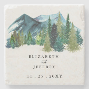 Rustic Watercolor Mountains Pine Winter Wedding Stone Coaster