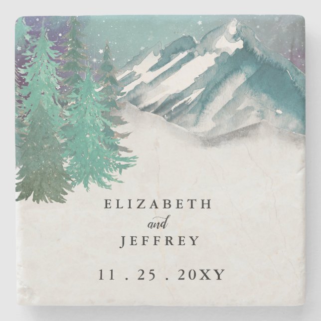 Rustic Watercolor Mountains Pine Winter Wedding   Stone Coaster (Front)