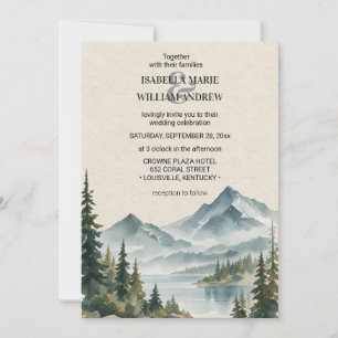 Rustic Watercolor Mountains Pines Wedding Invitation
