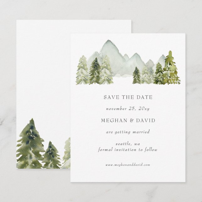 Rustic Watercolor Mountains  Save The Date  Announcement (Front/Back)